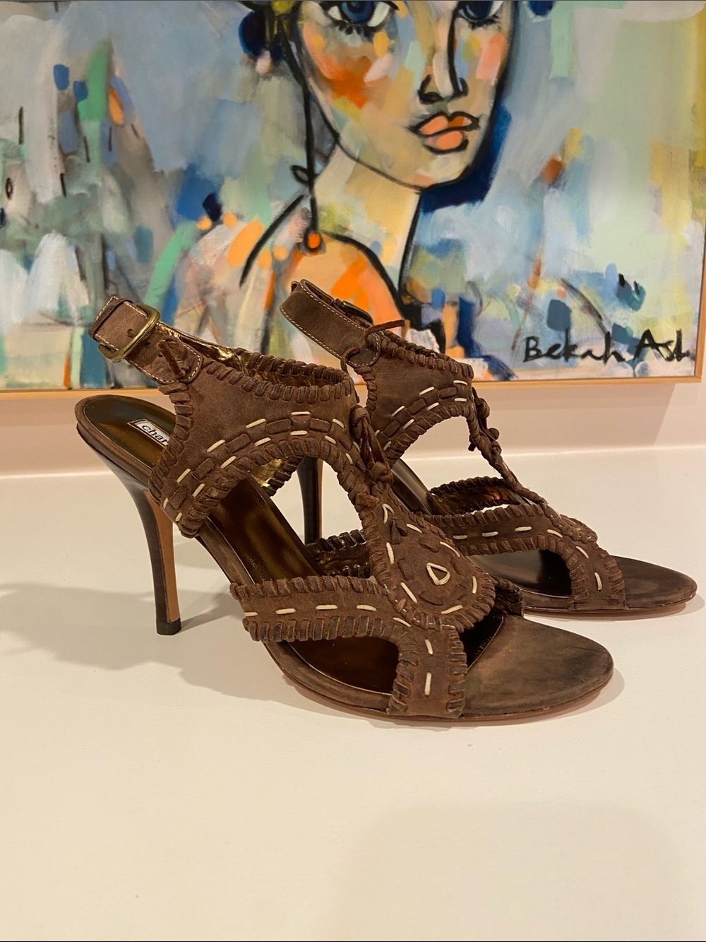 Charles David Brown leather Whipstitch T-Strap Stiletto Sandals